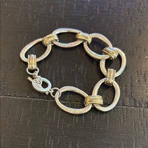 Brooks Brothers Wide Link Bracelet Silver Plated Gilt 8.5in Signed Toggle Clasp